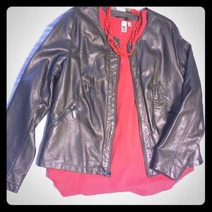 Alfani Black Leather Jacket with Red Blouse